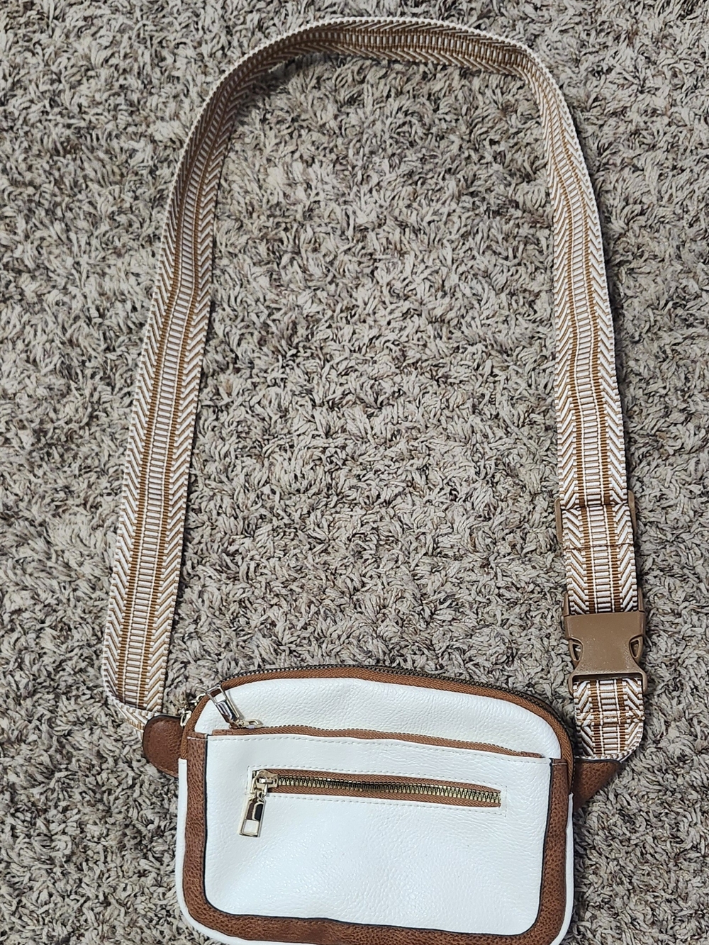 White and Brown Crossbody Bag with Striped Strap